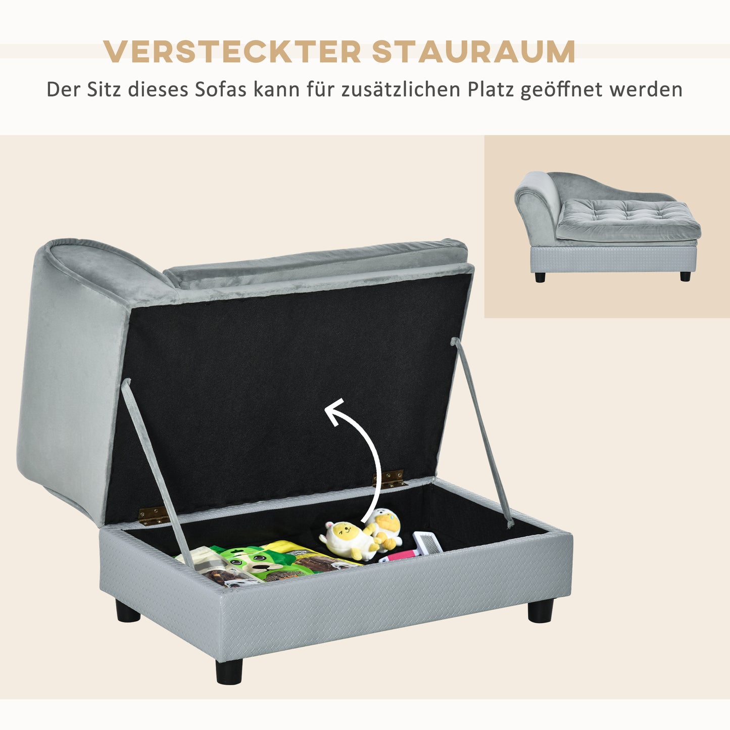 PawHut Haustiersofa mit Staurum, weichem Kissen, bis 15 kg Tragkraft, Plüschbezug, Hartholzrahmen, Hellgrau