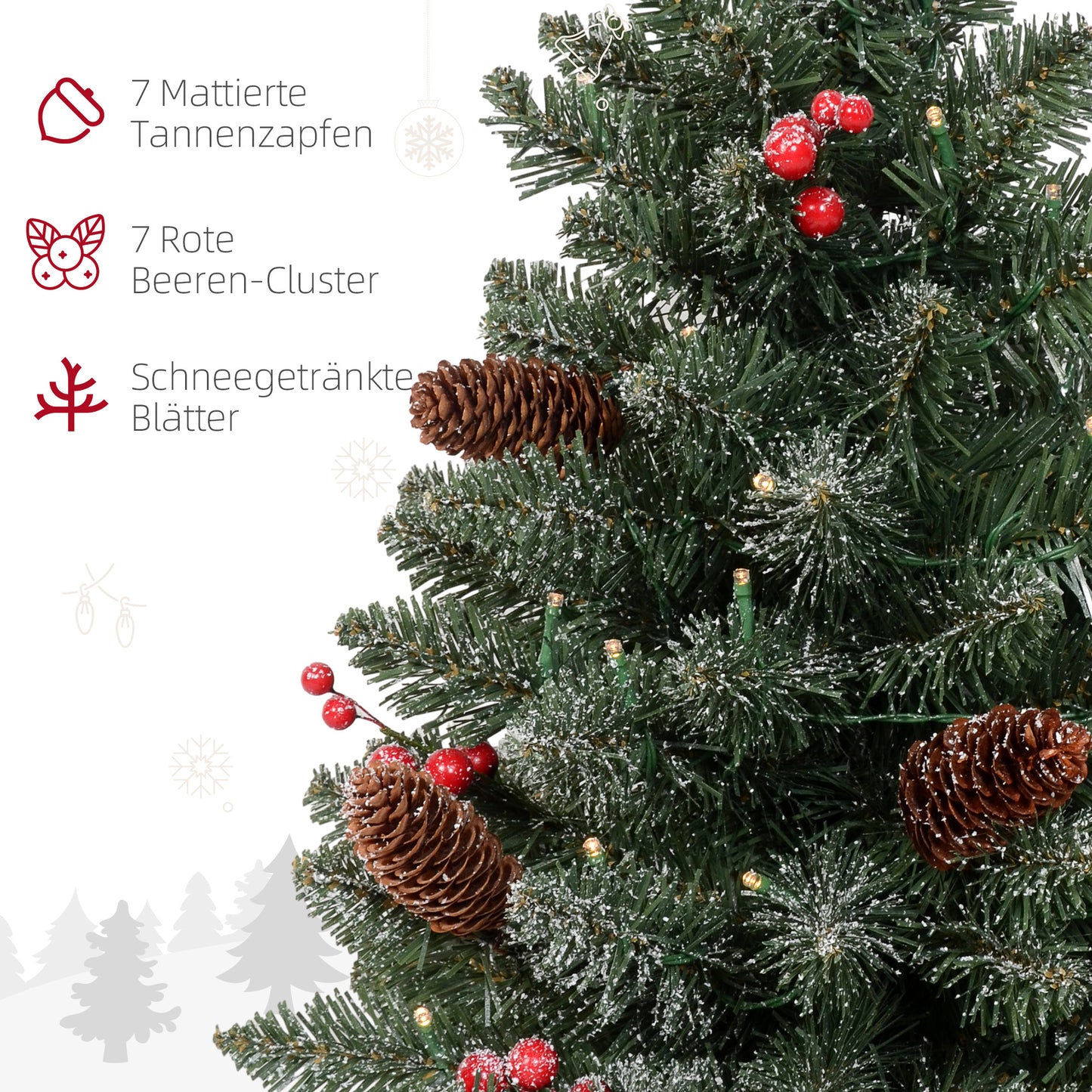 HOMCOM Weihnachtsbaum mit LED-Beleuchtung, 60 cm, Tannenzapfen und rote Beeren, inkl. Ständer, Grün/Weiß