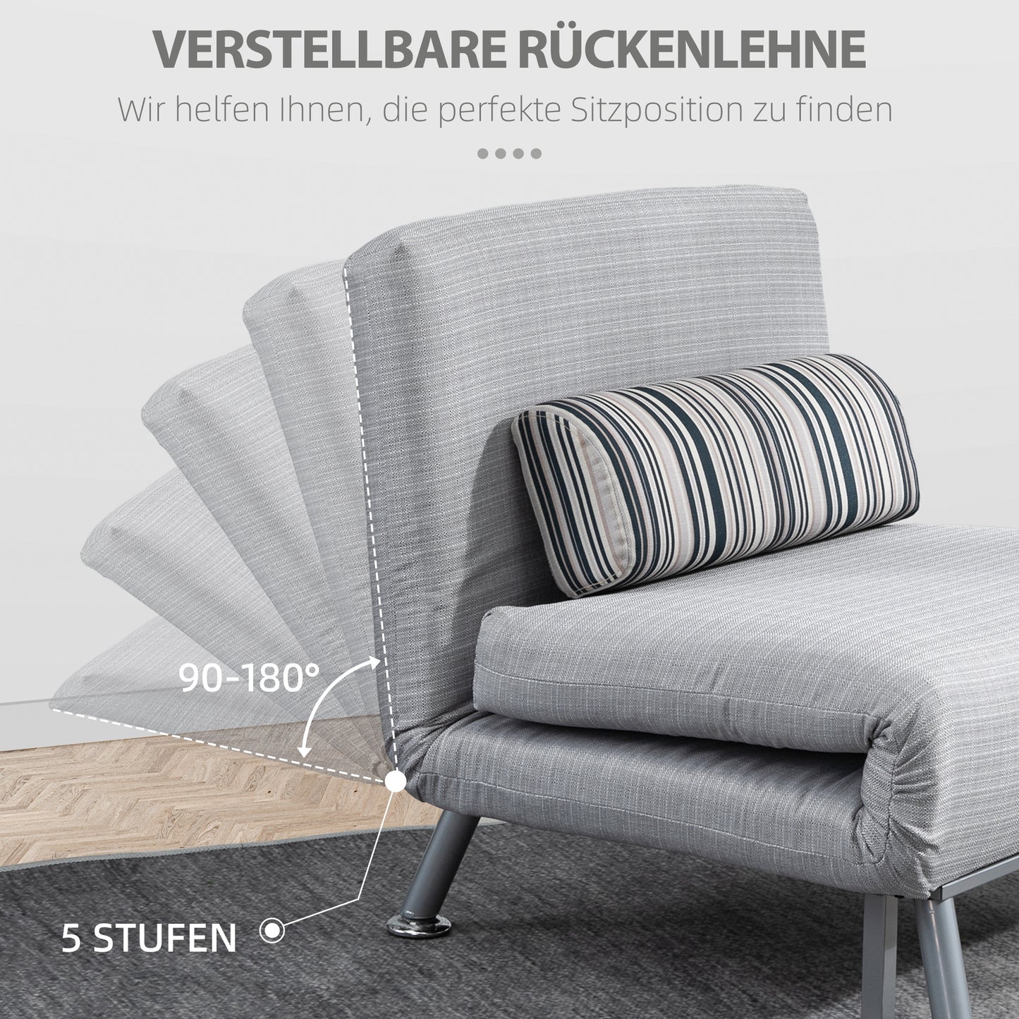 HOMCOM Klappsessel mit Bettfunktion, klappbarer Relaxsessel in Leinenoptik, Verstellbare Rückenlehne, 75 x 70 x 75 cm, Grau