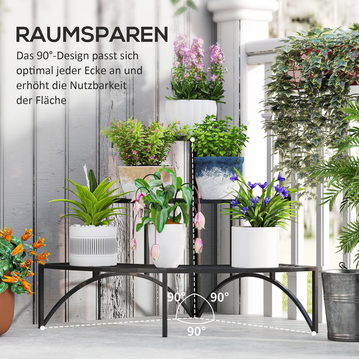 Outsunny Eckpflanzenständer, Blumenständer mit 3 Ebenen, Metall, für drinnen und draußen, Blumentopfständer, Schwarz