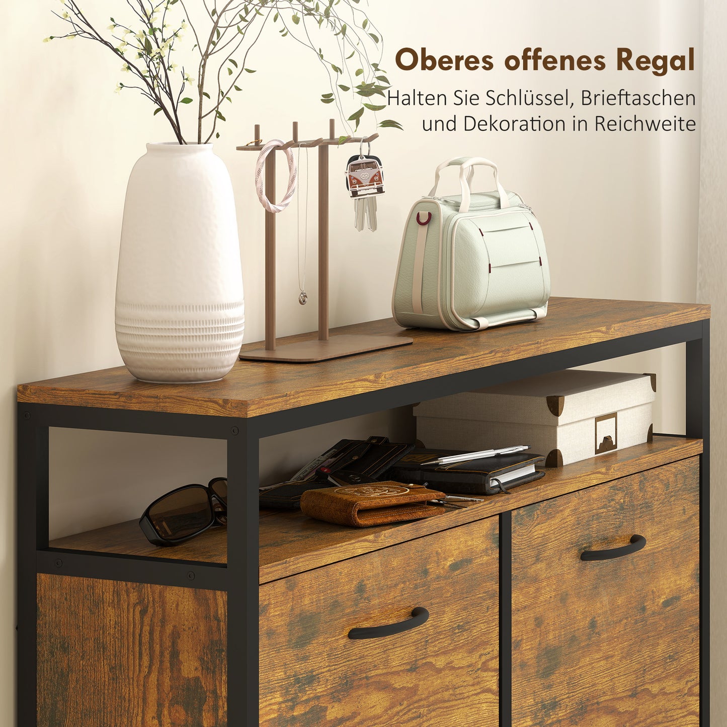 HOMCOM Schuhschrank mit 4 klappbaren Schubladen, schmales Design, offenes Regal, für 12-20 Paar Schuhe, Stahl, Braun