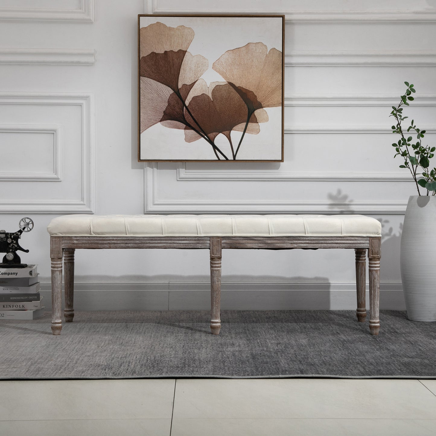 HOMCOM Polsterbank Sitzbank Vintage Bettbank mit Knöpfen Samtige Berührung Gummiholz Beige 142 x 47 x 51 cm