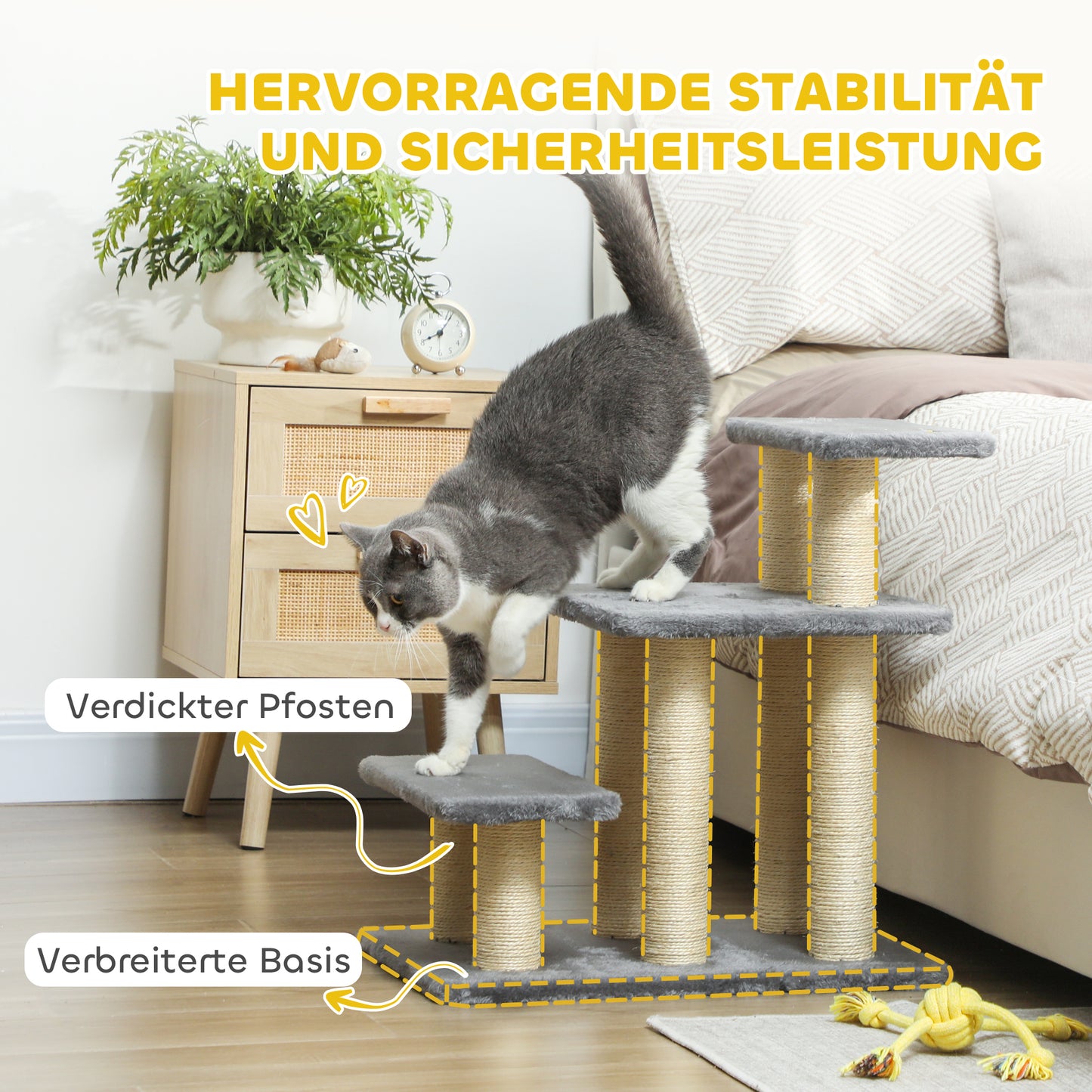 PawHut Hundetreppe 3 Stufen 54 cm Hoch Haustiertreppe für Kleine Hunde Katzentreppe mit Sisal Kratzbäumen, Spielball