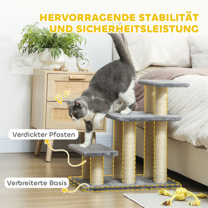 PawHut Hundetreppe 3 Stufen 54 cm Hoch Haustiertreppe für Kleine Hunde Katzentreppe mit Sisal Kratzbäumen, Spielball