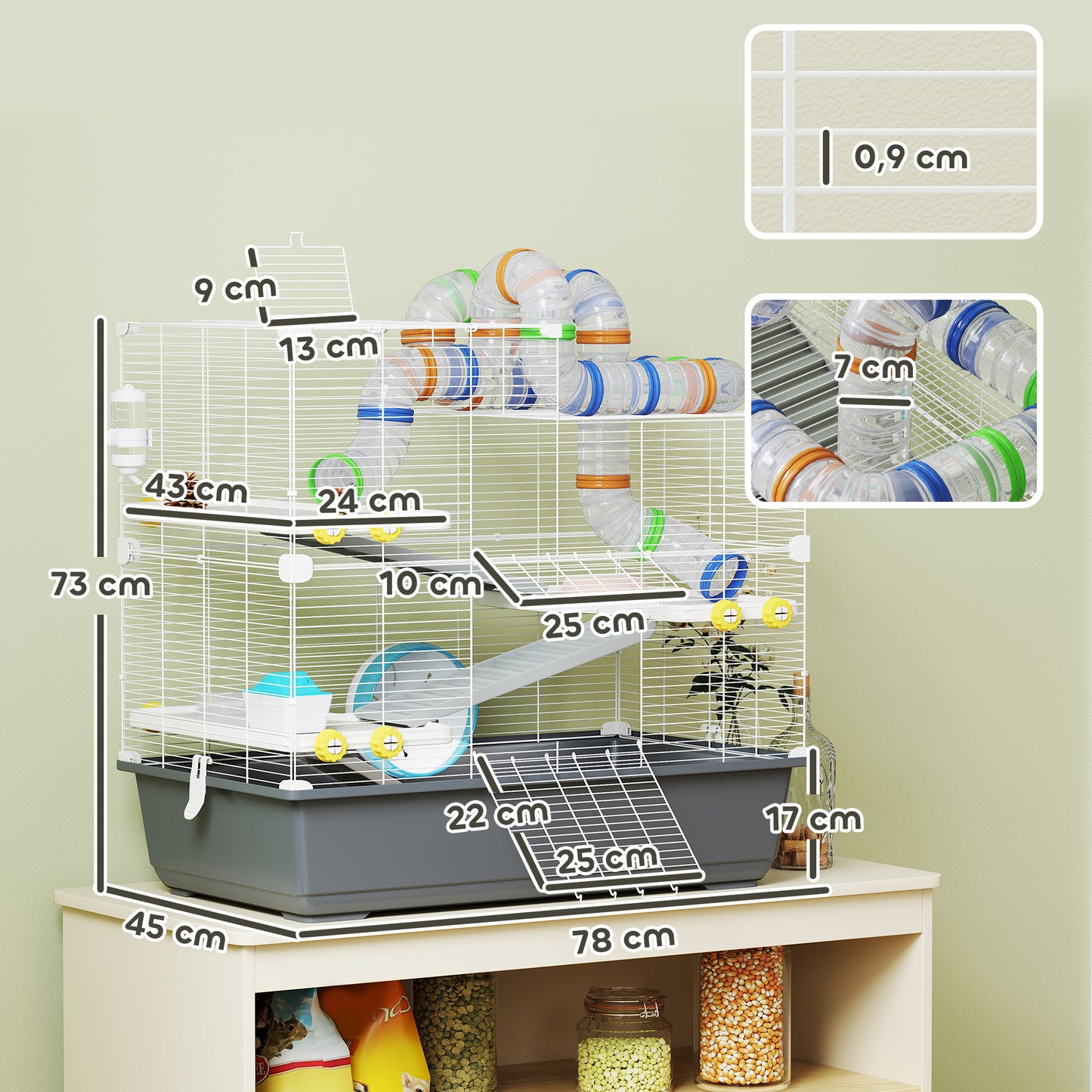 PawHut Zwerghamsterkäfig, 4 Ebenen, Tunnelsystem, Hütte, Zubehör, obere Öffnung, 78 x 45 x 73 cm, Grau