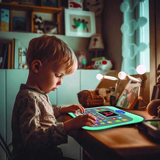 ABC bilingual talking educational tablet with touch keys and LED screen to illustrate interactions with the game in English