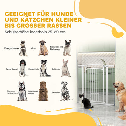 PawHut 106 cm hohes Haustiergitter med anpassbarer Breite, integrierte Katzentür, för Treppen och Türrahmen, Weiß