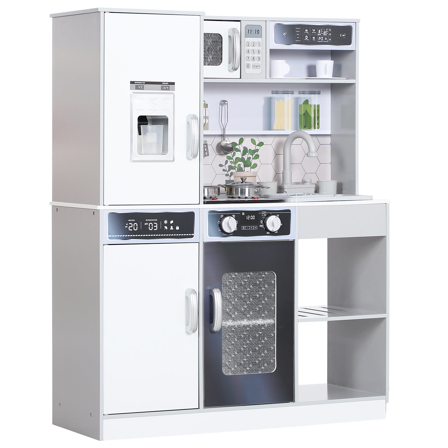 AIYAPLAY Spielküchen-Set mit Edelstahl-Geschirrset, Herd, Spüle mit Wasserkreislauf, Licht- & Soundeffekte, Weiß