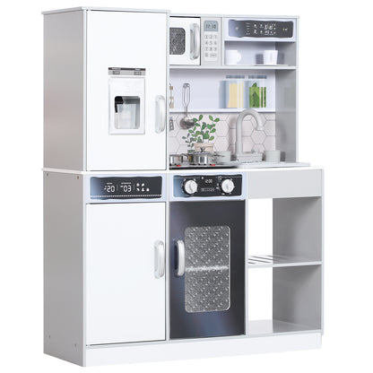 AIYAPLAY Spielküchen-Set mit Edelstahl-Geschirrset, Herd, Spüle mit Wasserkreislauf, Licht- & Soundeffekte, Weiß