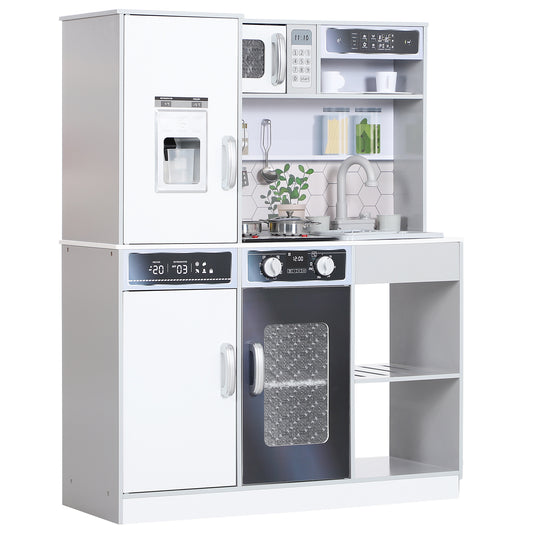 AIYAPLAY Spielküchen-Set mit Edelstahl-Geschirrset, Herd, Spüle mit Wasserkreislauf, Licht- & Soundeffekte, Weiß
