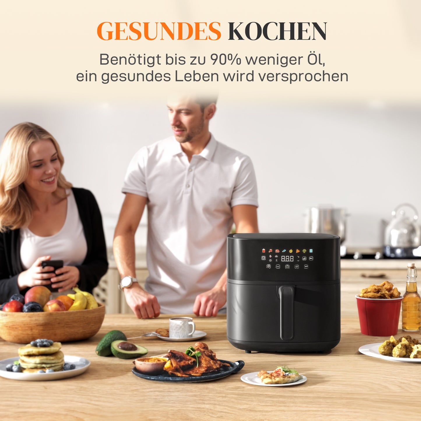HOMCOM Heißluftfritteuse, Air Fryer, 8 Programme, 8 Liter, LED-Screen, Schwarz