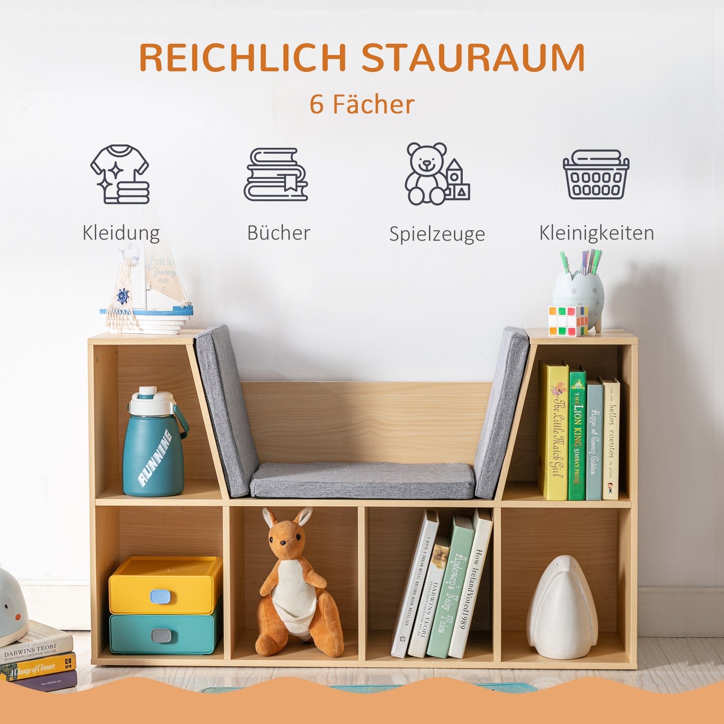 HOMCOM 2-in-1 Kinderregal Regal + Sitzbank inkl. Polster 103 cm × 30 cm × 62 cm Weiß + Grau