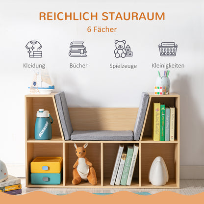 HOMCOM 2-in-1 Kinderregal Regal + Sitzbank inkl. Polster 103 cm × 30 cm × 62 cm Weiß + Grau