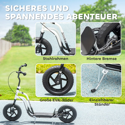 AIYAPLAY Kinderroller mit verstellbarem Lenker, große Räder, Parkständer, Handbremse, für Kinder im Alter von 5-12 Jahren, Weiß
