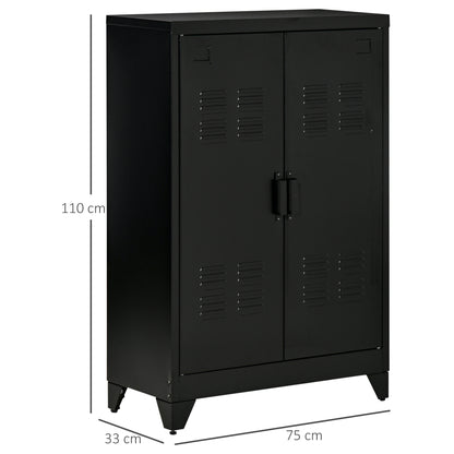 HOMCOM Aktenschrank Metallschrank Mehrzweckschrank mit magnetischer Lamellen-Doppeltür Verstellbarer Einlegeboden Büroschrank Aufbewahrungsschrank für Arbeitszimmer Wohnzimmer 75 x 33 x 110 cm Schwarz