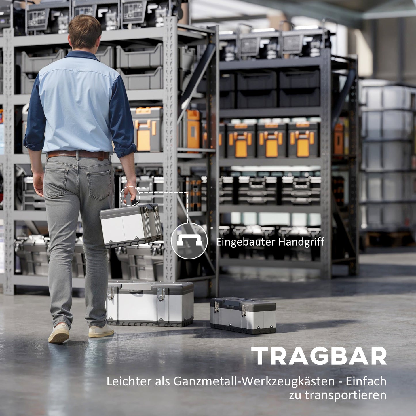 HOMCOM 3-teiliges Werkzeugkasten-Set, Edelstahl, Kunststoff, Silberfarben