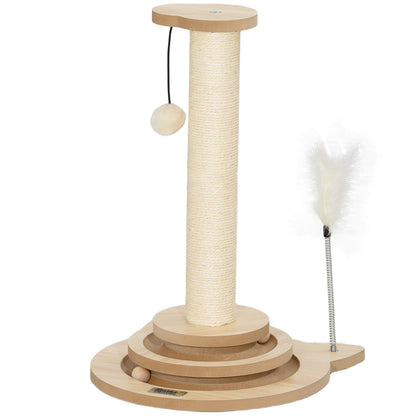 PawHut Katzen-Kratzbaum, 49 cm, Sisal-Kratzpfosten, Kugelbahn, Spielball, Spielfeder, 4-in-1-Design, Eiche, Weiß