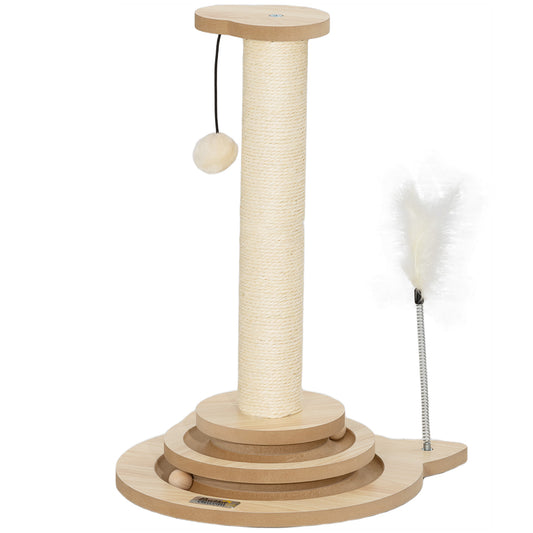 PawHut Katzen-Kratzbaum, 49 cm, Sisal-Kratzpfosten, Kugelbahn, Spielball, Spielfeder, 4-in-1-Design, Eiche, Weiß