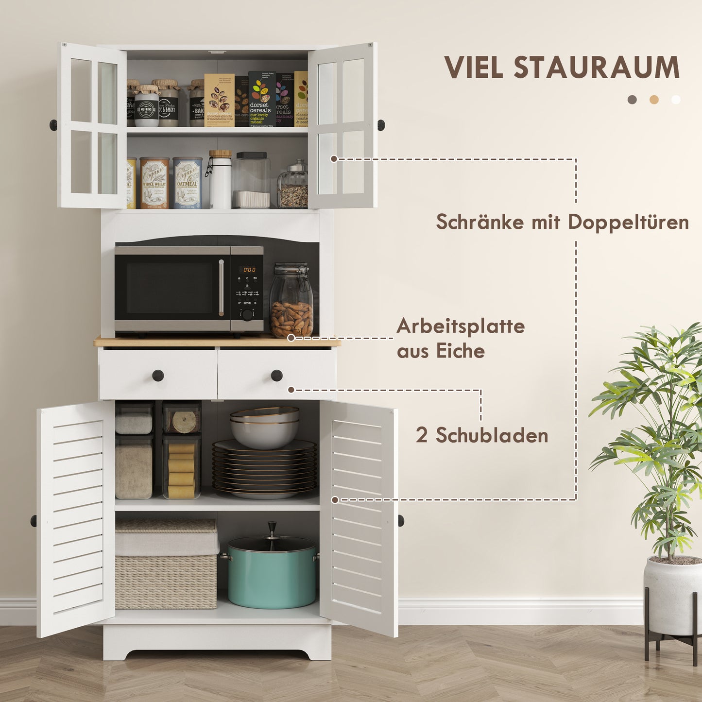 HOMCOM Küchenschrank mit Glastüren, 2 Schubladen, Geschirrschrank, Esszimmerschrank, Holz, 68 x 39,5 x 170 cm, Weiß