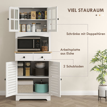 HOMCOM Küchenschrank mit Glastüren, 2 Schubladen, Geschirrschrank, Esszimmerschrank, Holz, 68 x 39,5 x 170 cm, Weiß