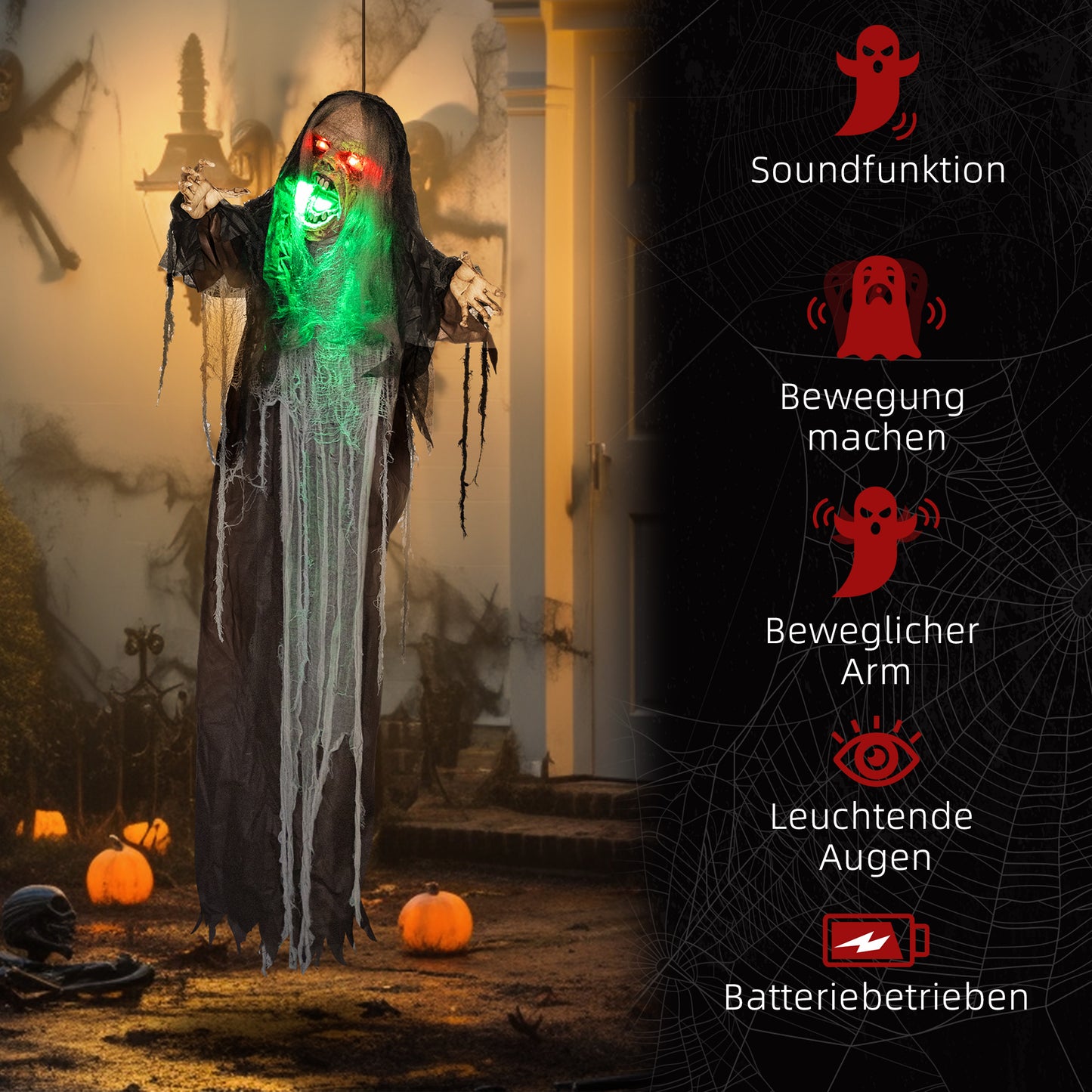 HOMCOM Grünes Monster, Helloweendeko, gruselige Soundeffekte, rote Augen, beweglich, 183 cm