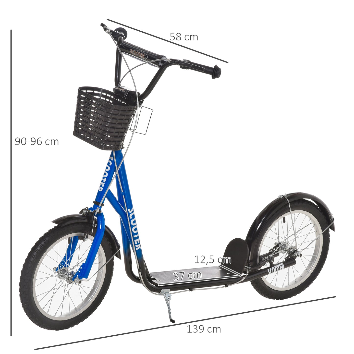 HOMCOM Kinderroller, Scooter mit Bremse, inkl. Korb, höhenverstellbar, für Kinder 5-12 J., blau+schwarz