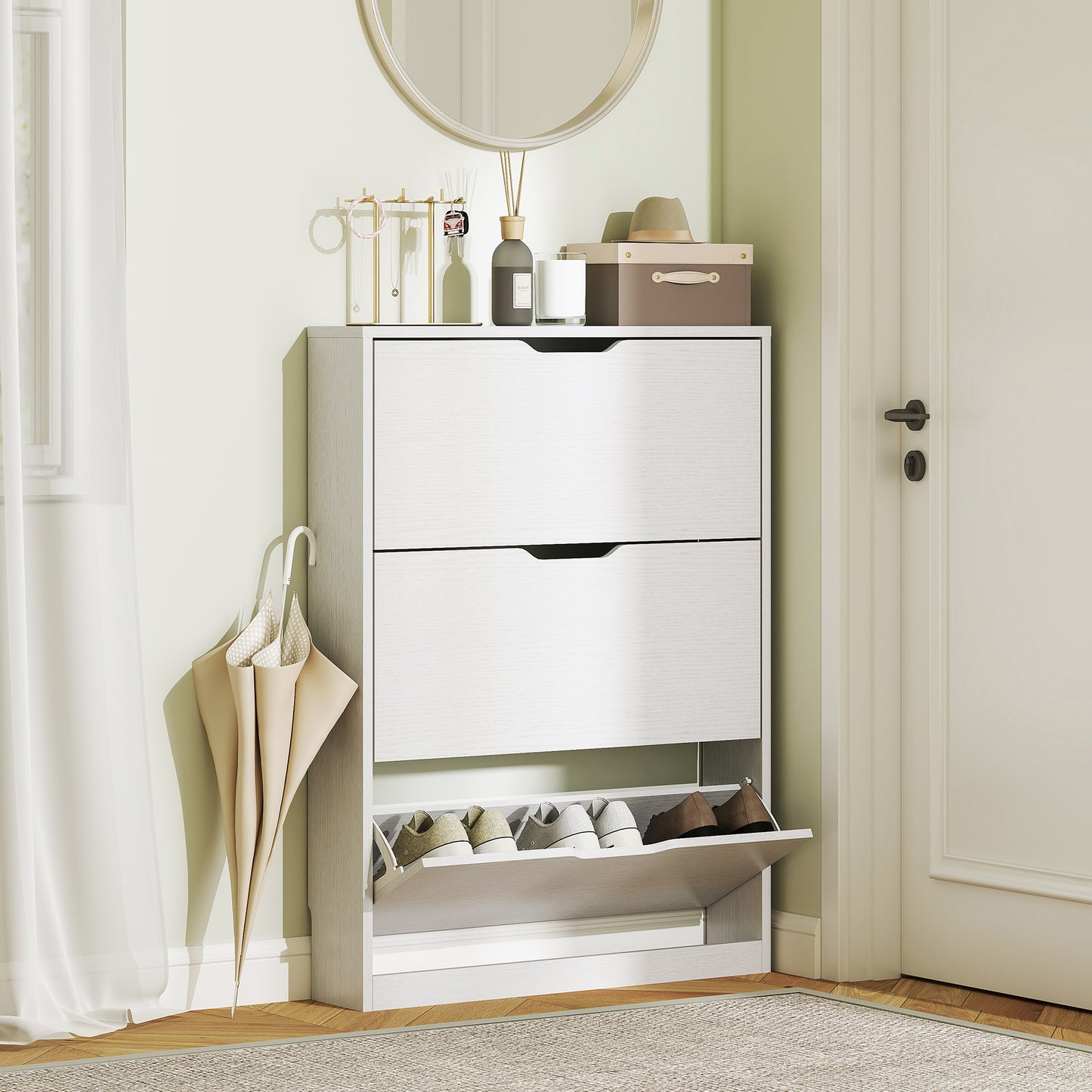 HOMCOM Schuhschrank mit 3 Klappschubladen, für bis zu 12 Paar Schuhe, Spanplatte, 80 x 17 x 108 cm, Weiß