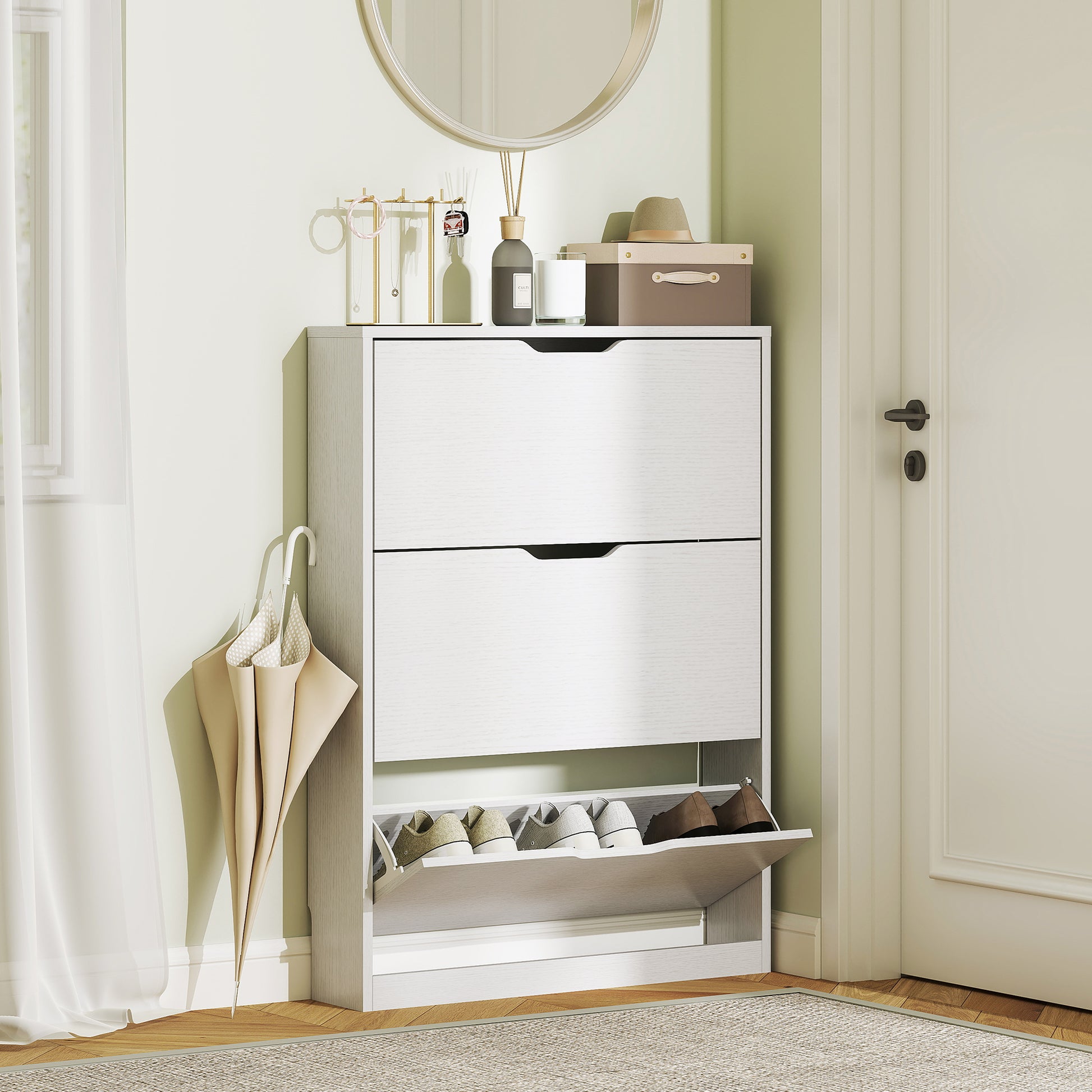 HOMCOM Schuhschrank mit 3 Klappschubladen, für bis zu 12 Paar Schuhe, Spanplatte, 80 x 17 x 108 cm, Weiß