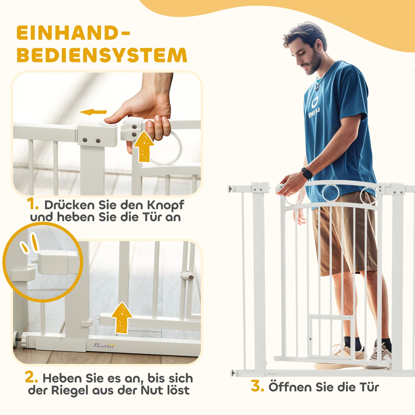 PawHut Haustiertor, 96 cm Treppengatter, verstellbar Breite 76-104 cm, mit Katzentür, für Treppen och Türöffnungen, Weiß