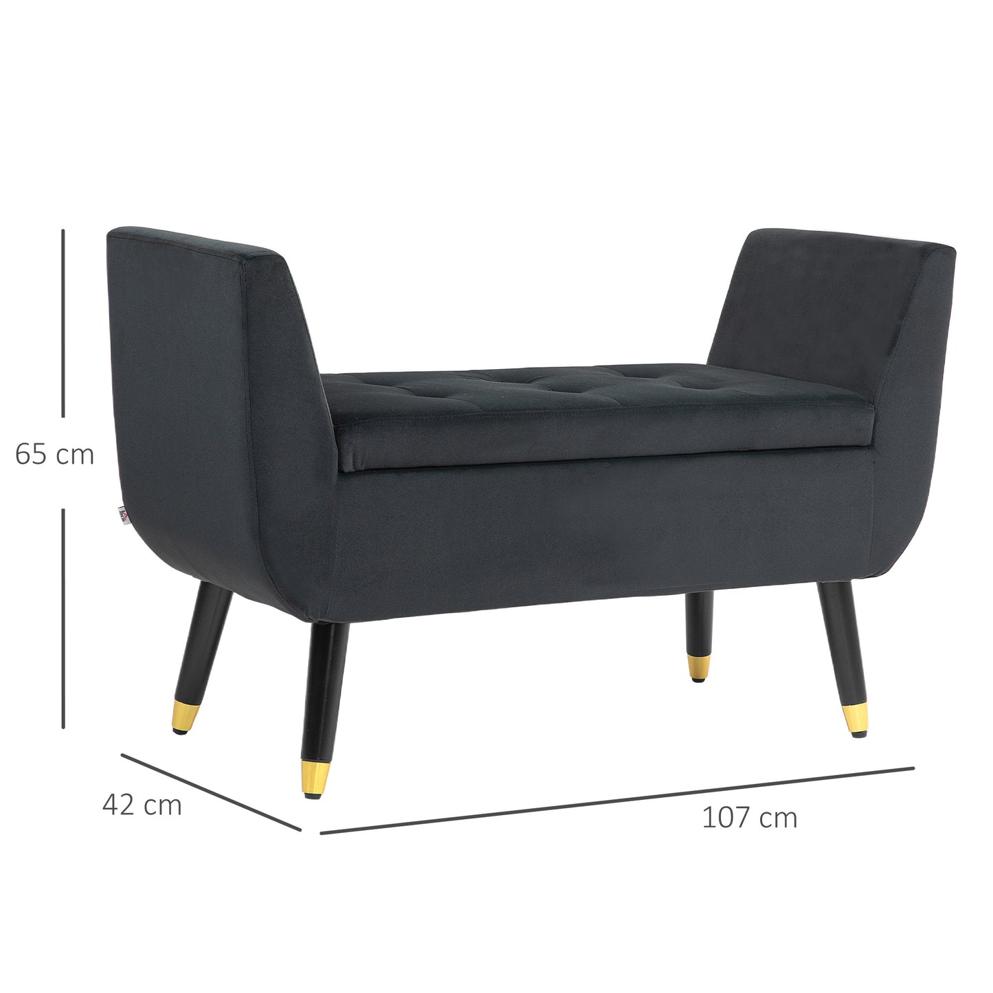 HOMCOM Sitzbank mit Stauraum und Armlehnen, Truhenbank, samtartiges Polyester, Kautschukholz, Dunkelgrau, 107 x 42 x 65 cm