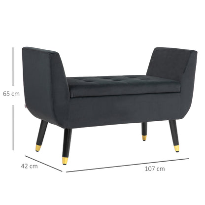 HOMCOM Sitzbank mit Stauraum und Armlehnen, Truhenbank, samtartiges Polyester, Kautschukholz, Dunkelgrau, 107 x 42 x 65 cm
