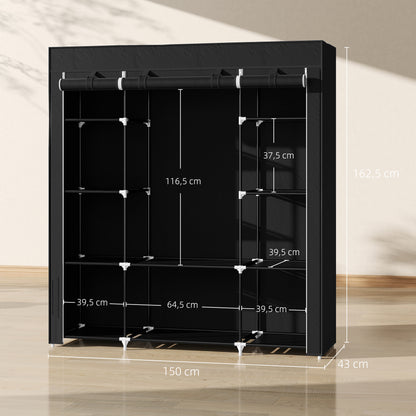HOMCOM Stoffschrank aus Vlies, Faltschrank, 1 Kleiderstange, 9 Regale, 150 cm x 43 cm x 162,5 cm, Schwarz
