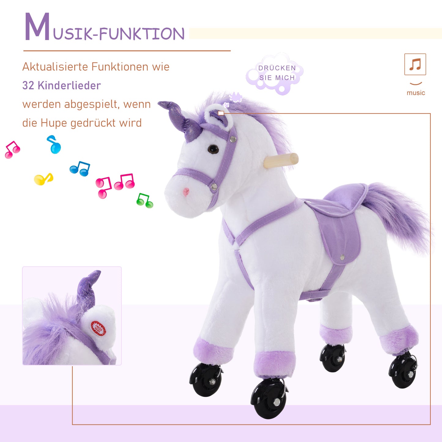 HOMCOM Reitpferd auf Rollen Spielpferd Reittier Wiehern Plüsch Lila 55 x 23 x 60 cm