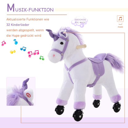 HOMCOM Reitpferd auf Rollen Spielpferd Reittier Wiehern Plüsch Lila 55 x 23 x 60 cm