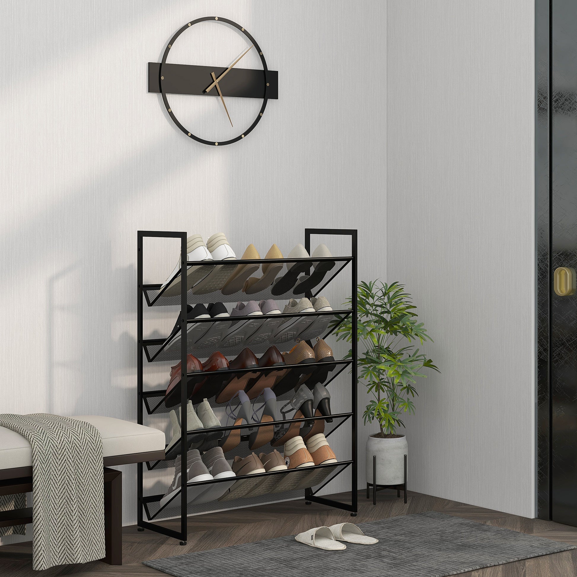 HOMCOM kleines Schuhregal Schuhablage Schuhständer hoch schmal, 5 Regale, 72 cm x 30 cm x 102 cm, Schwarz