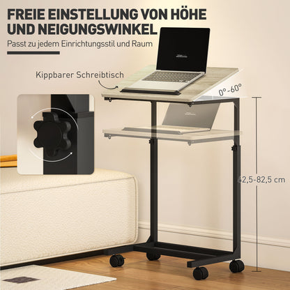 HOMCOM Beistelltisch, Schreibtisch, Nachttisch, höhenverstellbar, 4 Rollen, Metallrahmen