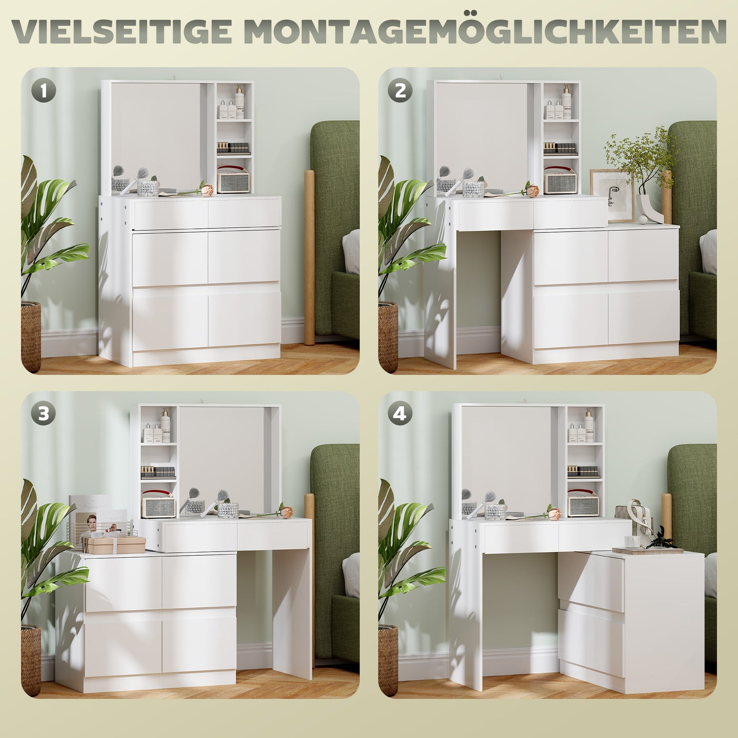HOMCOM Schminktisch, Make-up-Tisch mit großem Spiegel, 4 Schubladen, 3 offene Fächer, 2 Schränke, MDF, Weiß