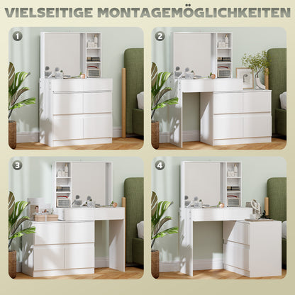 HOMCOM Schminktisch, Make-up-Tisch mit großem Spiegel, 4 Schubladen, 3 offene Fächer, 2 Schränke, MDF, Weiß
