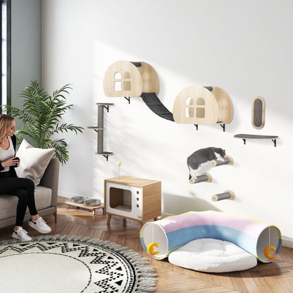 PawHut Kletterwand Katzen 7-teilig Katzen Kletterwand Set mit Sisalpfostenleiter, Plattform Kratzbaum Grau