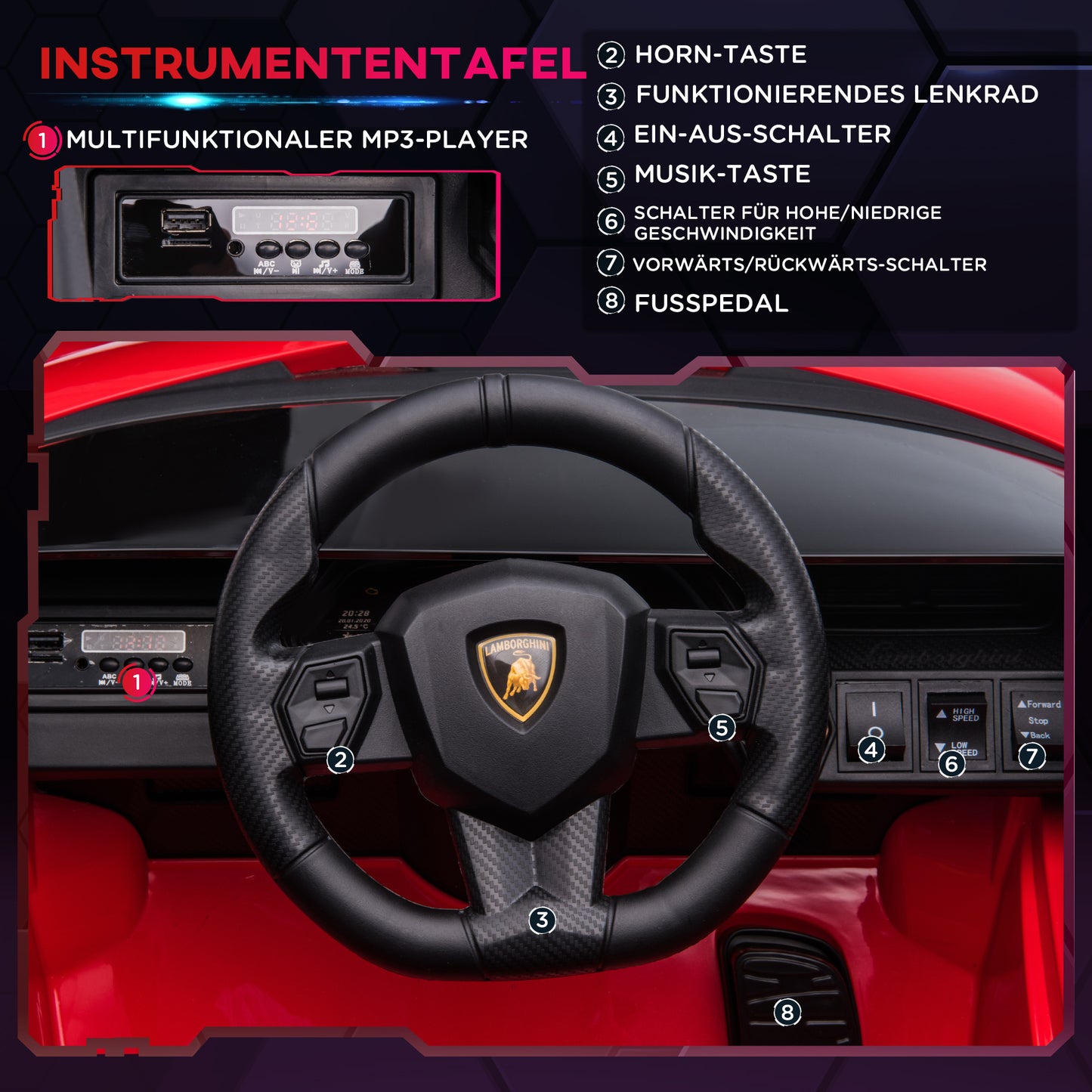 HOMCOM Kinderfahrzeug 12V 2 Fahrmodi Lamborghini SIAN SUV-Auto-Spielzeug Elektroauto mit Fernbedienung Musik(MP3/USB) Licht 37-60 Monate Metall Rot 108 x 62 x 40 cm