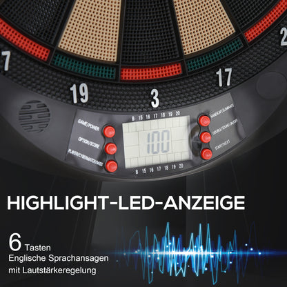 HOMCOM Elektronische Dartscheibe automatische Wertung Dartboard Dart-set mit 6 Darts 30 Dartköpfe 26 Spiele und 185 Trefferoptionen für 8 Spieler Soundeffekte Schwarz 44 x 39,5 x 2,2 cm