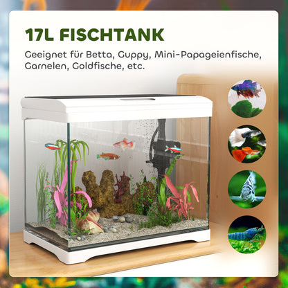 PawHut Aquarium, 17 L Tropenfischaquarium, Leichte Pflege, klar Sicht, med LED-ljus, 35L x 21B x 31H cm, Weiß+Schwarz