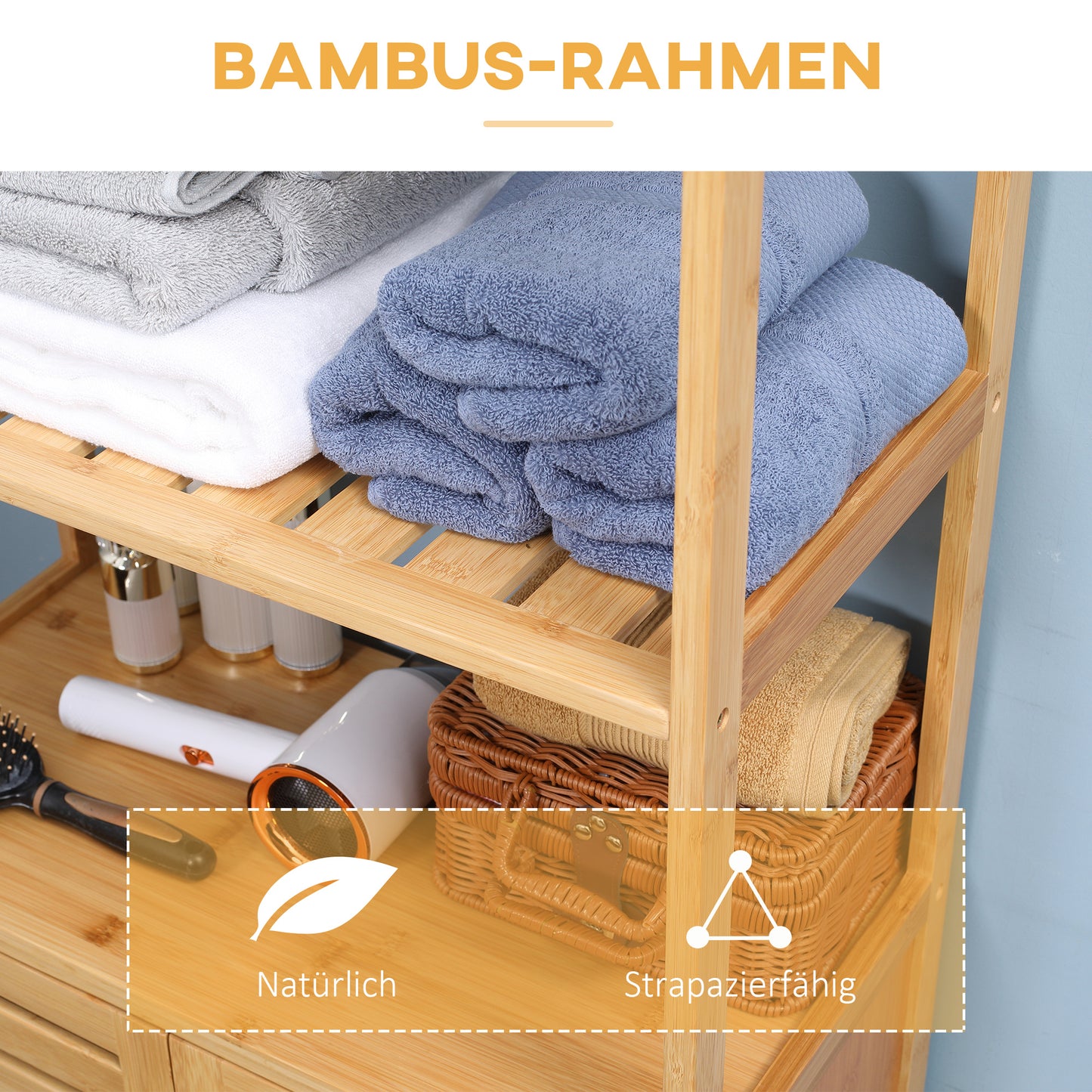 kleankin Badezimmerschrank, Badezimmerkommode mit Lamellentüren, Badregal, Bambusholz, Naturholz