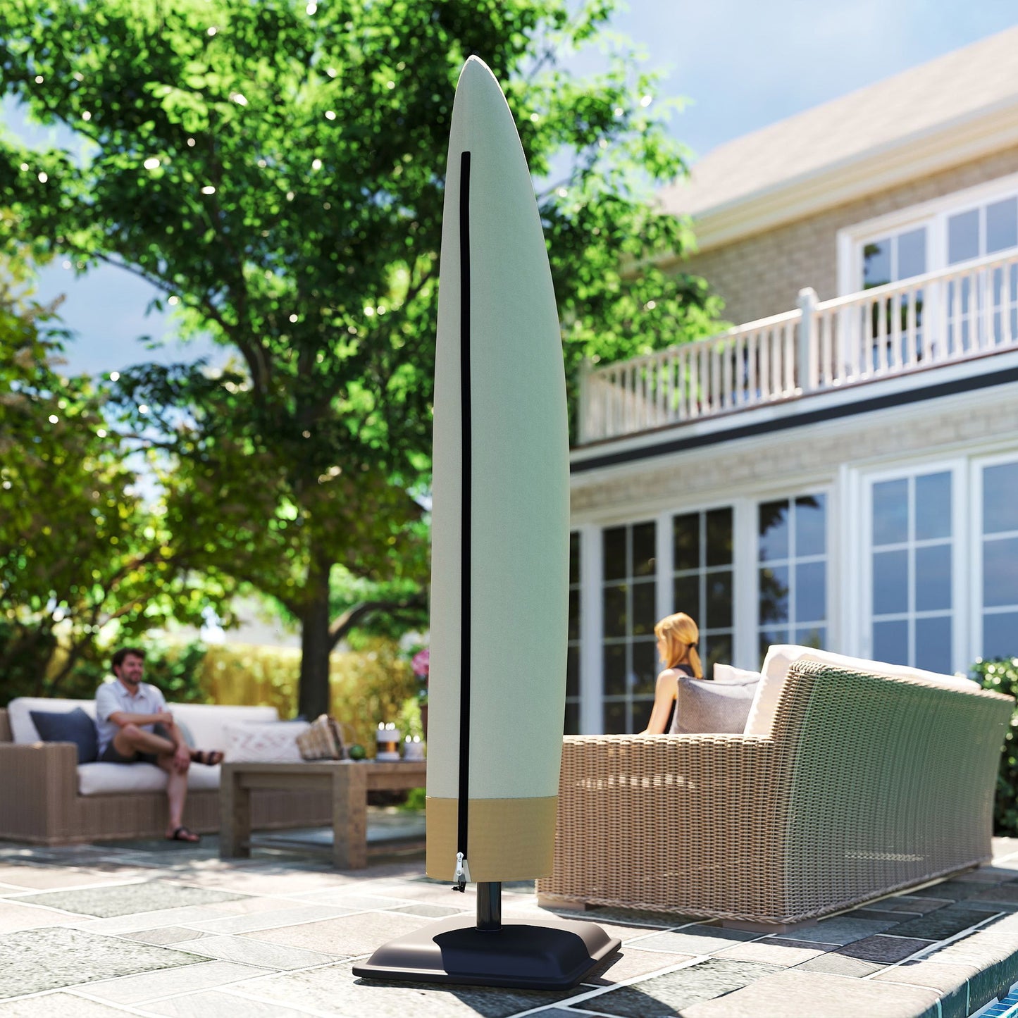 Outsunny Sonnenschirm Schutzhülle für Ø 400 cm wasserdicht Wetterfeste Sonnenschirm Abdeckung mit Stab Reißverschluss Kordelzug Oxford Gewebe UV-Beständige Ampelschirm Abdeckhauben 220 ×56 cm Beige