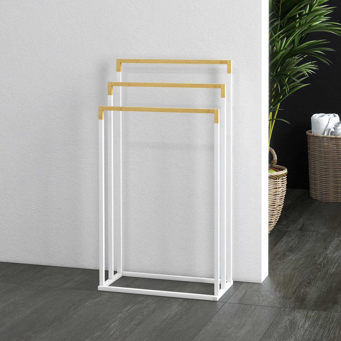 kleankin Handtuchhalter Handtuchalter-Set 3 Handtuchstangen, Industriedesign, Bambus, 45 x 22,5 x 86 cm, Weiß + Natur