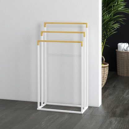 kleankin Handtuchhalter Handtuchalter-Set 3 Handtuchstangen, Industriedesign, Bambus, 45 x 22,5 x 86 cm, Weiß + Natur