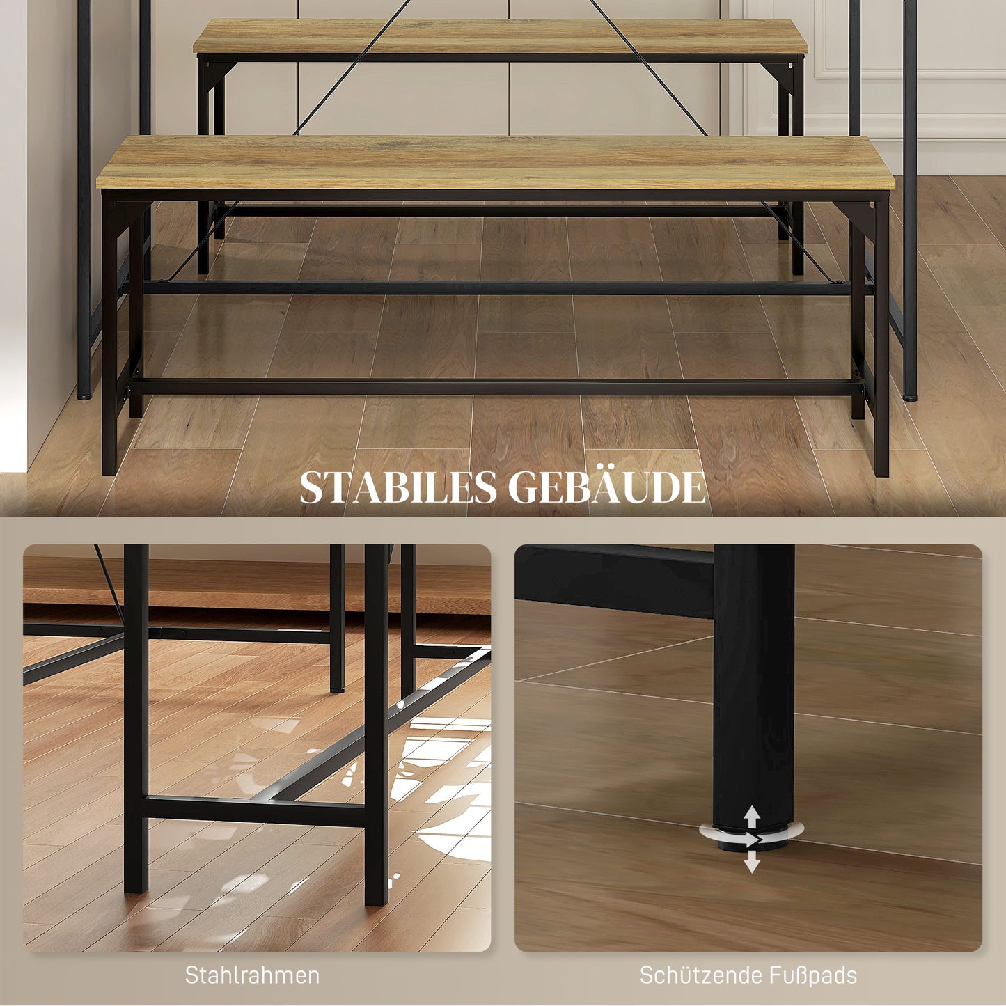 HOMCOM Essgarnitur, Tisch & 2 Bänke, Industrial Design, Stahlrahmen, Holzdekor/Schwarz