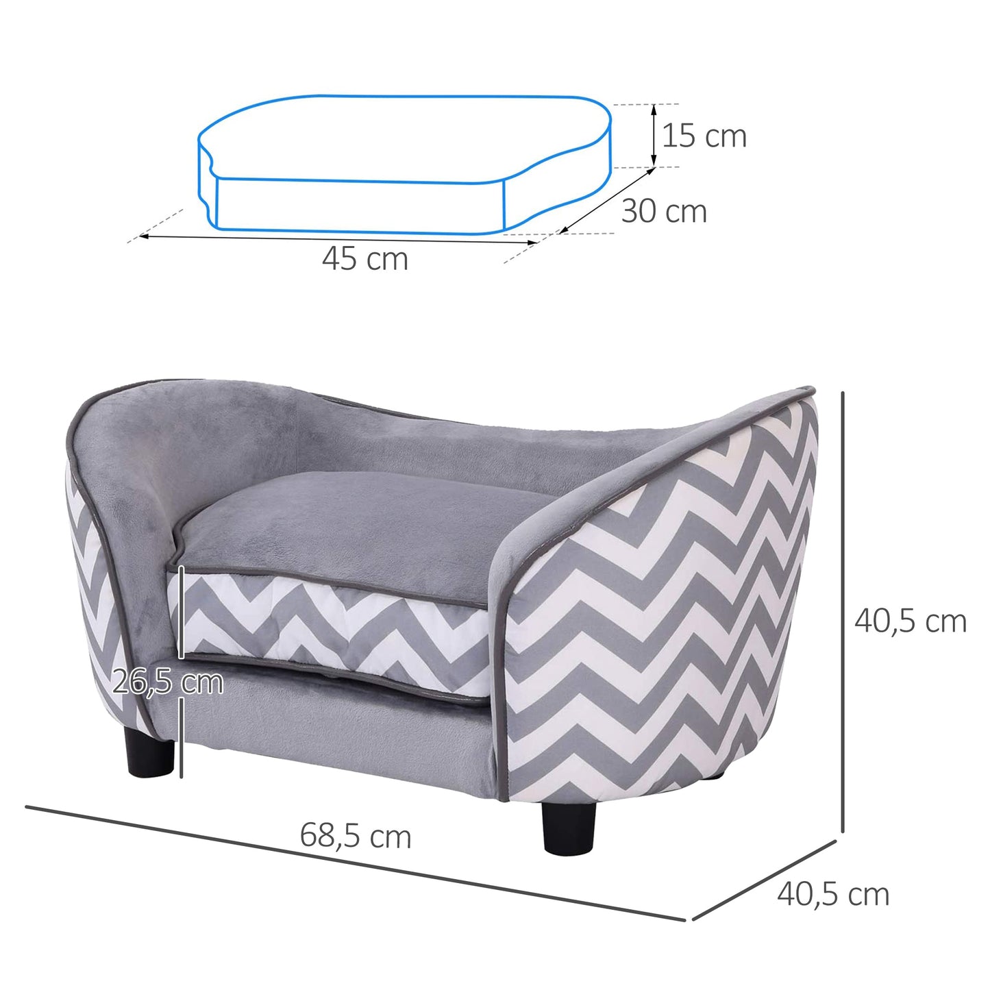 PawHut Haustiersoffa Hundecouch Hundesofa Hundebett Hundematte Katze Kissen gepolstert Holz Schaumstoff Grau 68,5 x 40,5 x 40,5 cm