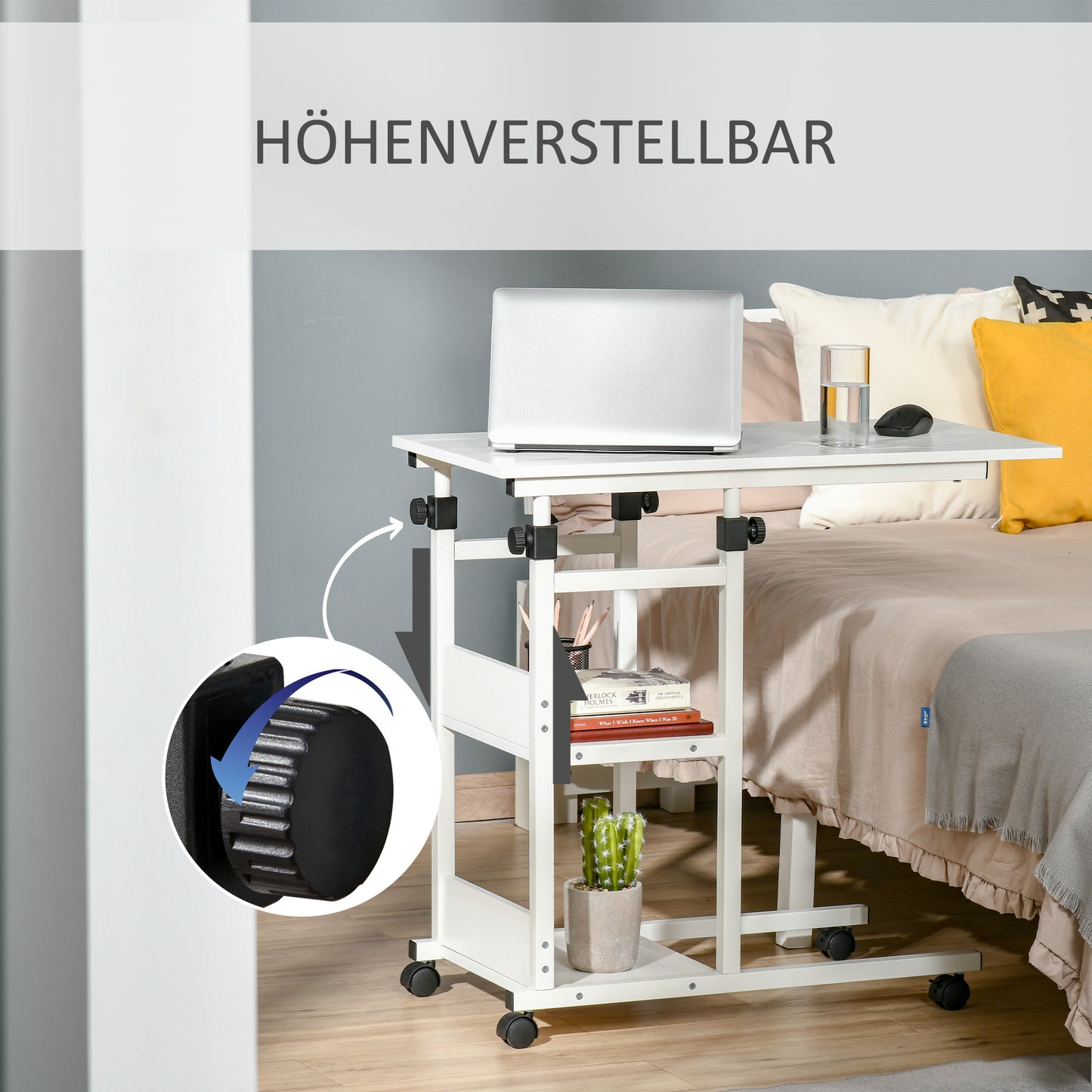 HOMCOM Beistelltisch mit Rollen, höhenverstellbar, kompakt, 2 Ablageböden, Metallrahmen, 80x40x72-82 cm, Weiß