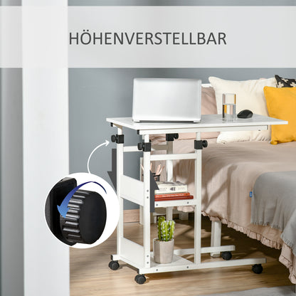 HOMCOM Beistelltisch mit Rollen, höhenverstellbar, kompakt, 2 Ablageböden, Metallrahmen, 80x40x72-82 cm, Weiß